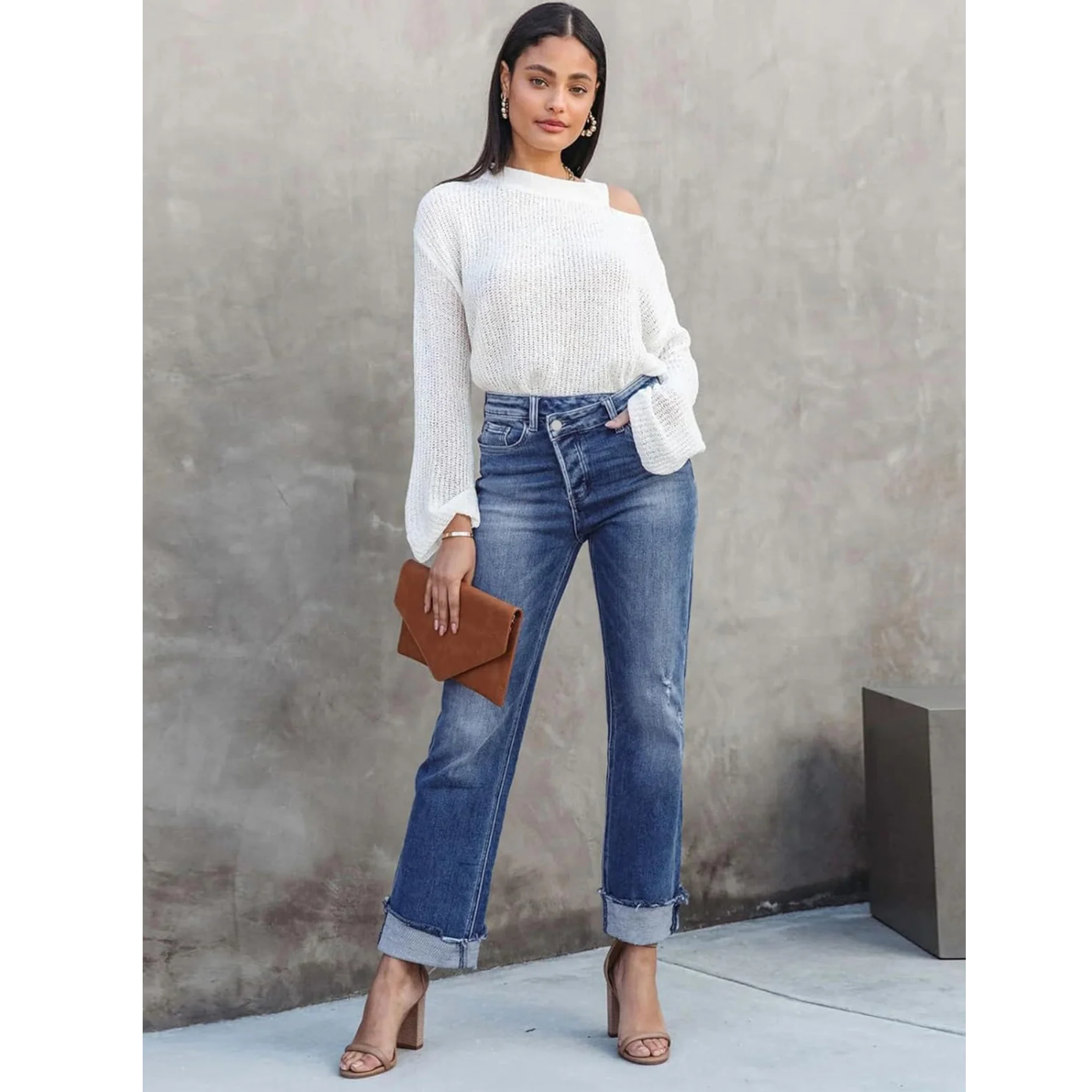 Damskie spodnie Y2k, modne jeansy z wysokim stanem, podarte, z efektem krzyżowania i elastycznym krojem, luźne jeansy.