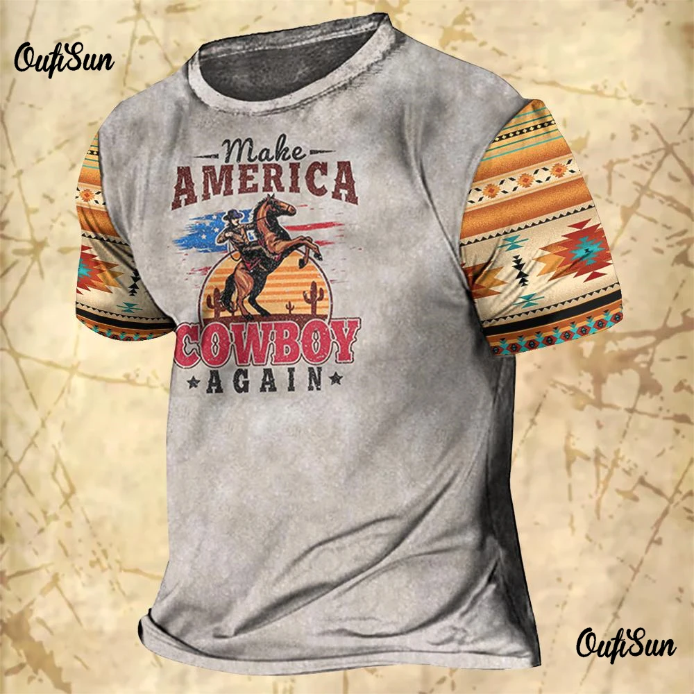 Men\'s Vintage T-shirts Cowboy Design Western America Tops 3D Printed O-Neck Oversized T-shirt Short Sleeve Streetwear