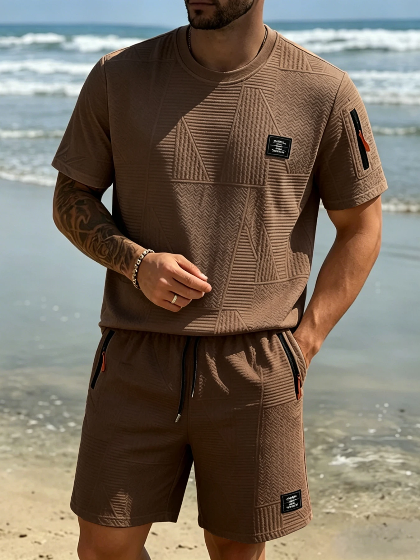 Hot Sale Men's Monochrome Jacquard Casual Sports Set, Cool Daily Street Style, Draped Breathable Wrinkle-resistant Textured Fabr