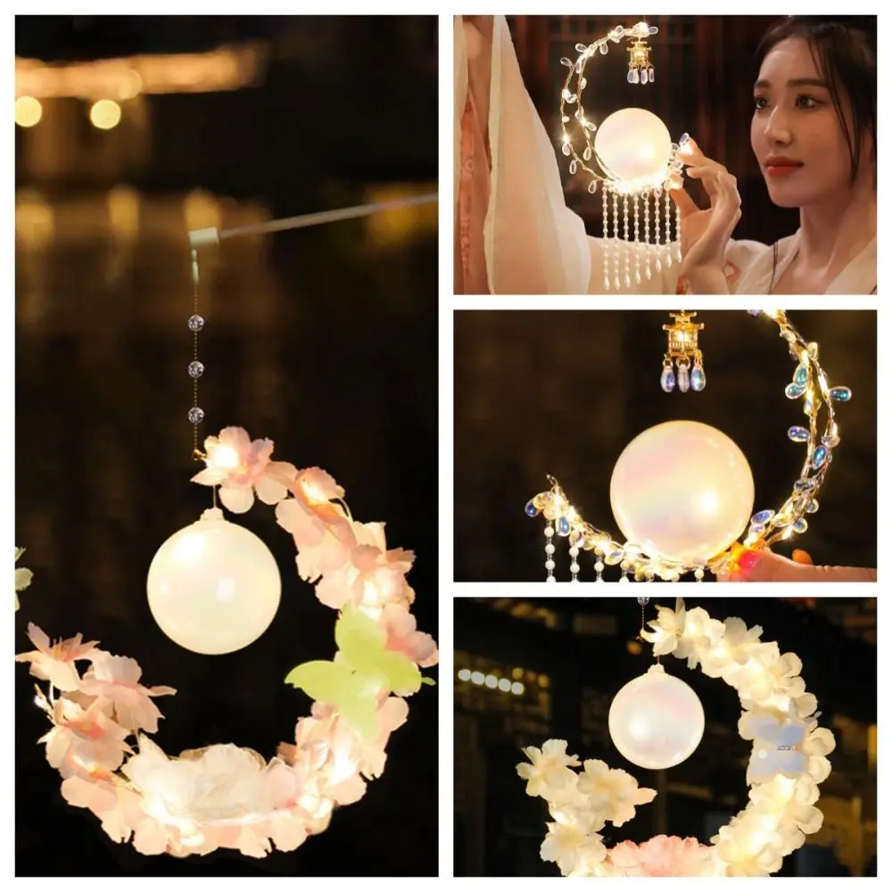 Retro Chinese Style Mid-Autumn Festival Lantern Handmade Glowing Luminous Flowers Lanterns Blessings DIY Material Bag Kids Gift