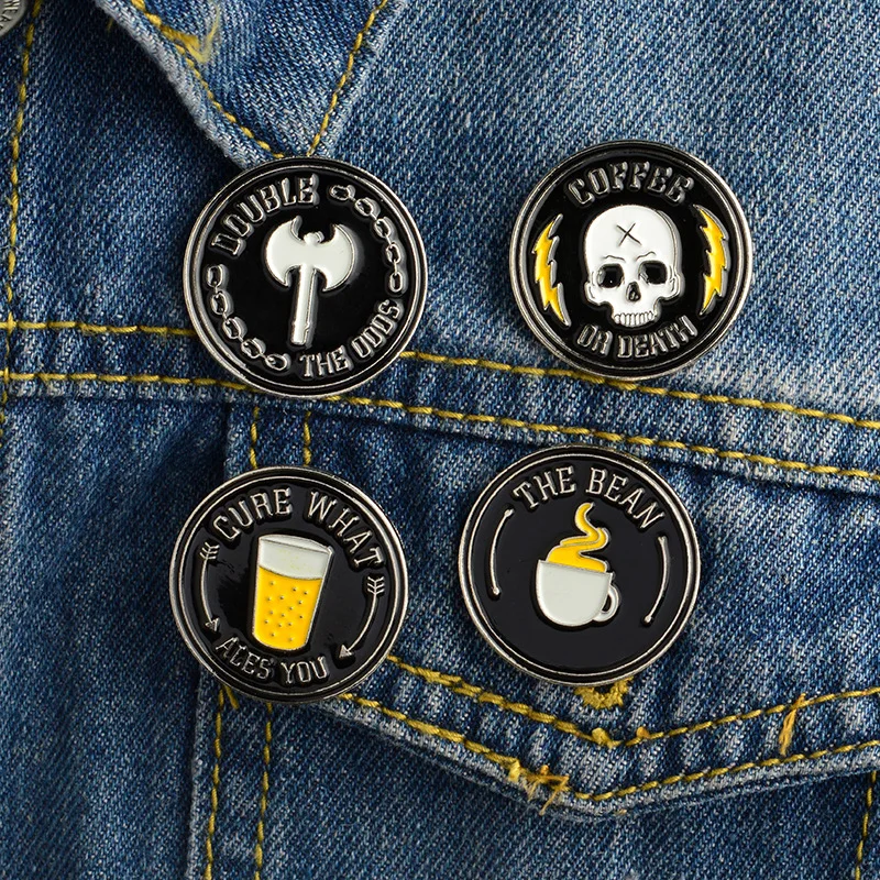 Punk Black Round Badge Set, Skull Coffee Cup Axe All-in-One Pin, Hardcore Brooch for Jacket Bag Wholesale