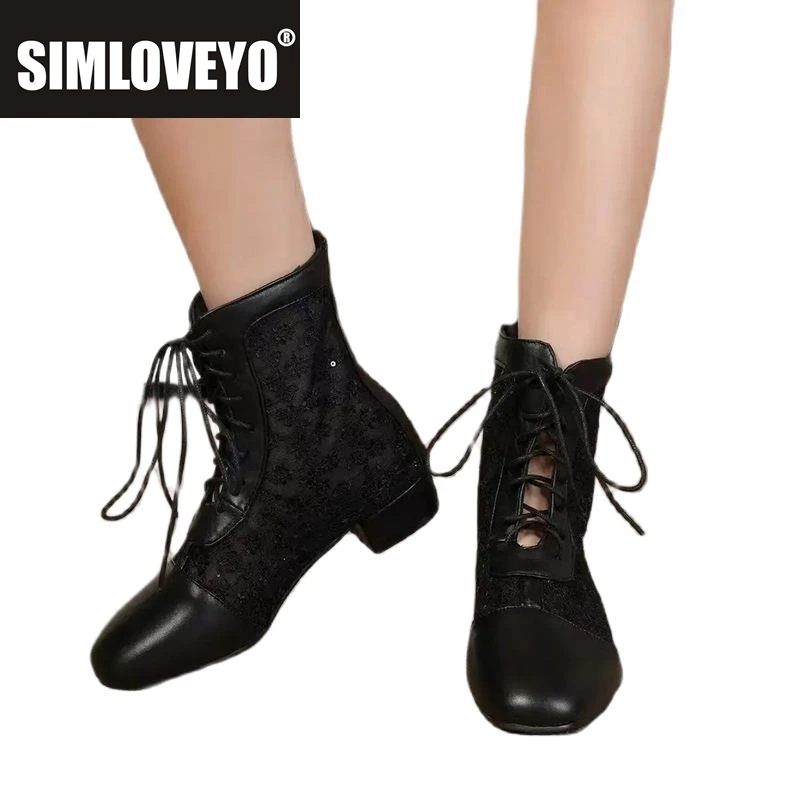 

SIMLOVEYO Fashion Women Ankle Boots Round Toe Mid Heels 3cm Lace Up Breathable Mesh Size 44 45 46 Sweet Daily Booty