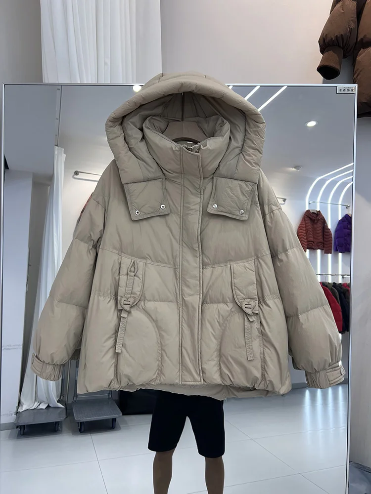 

2025 winer new peach shaped ribbon button down jacket women's short style hooded loose solid white duck down jacket