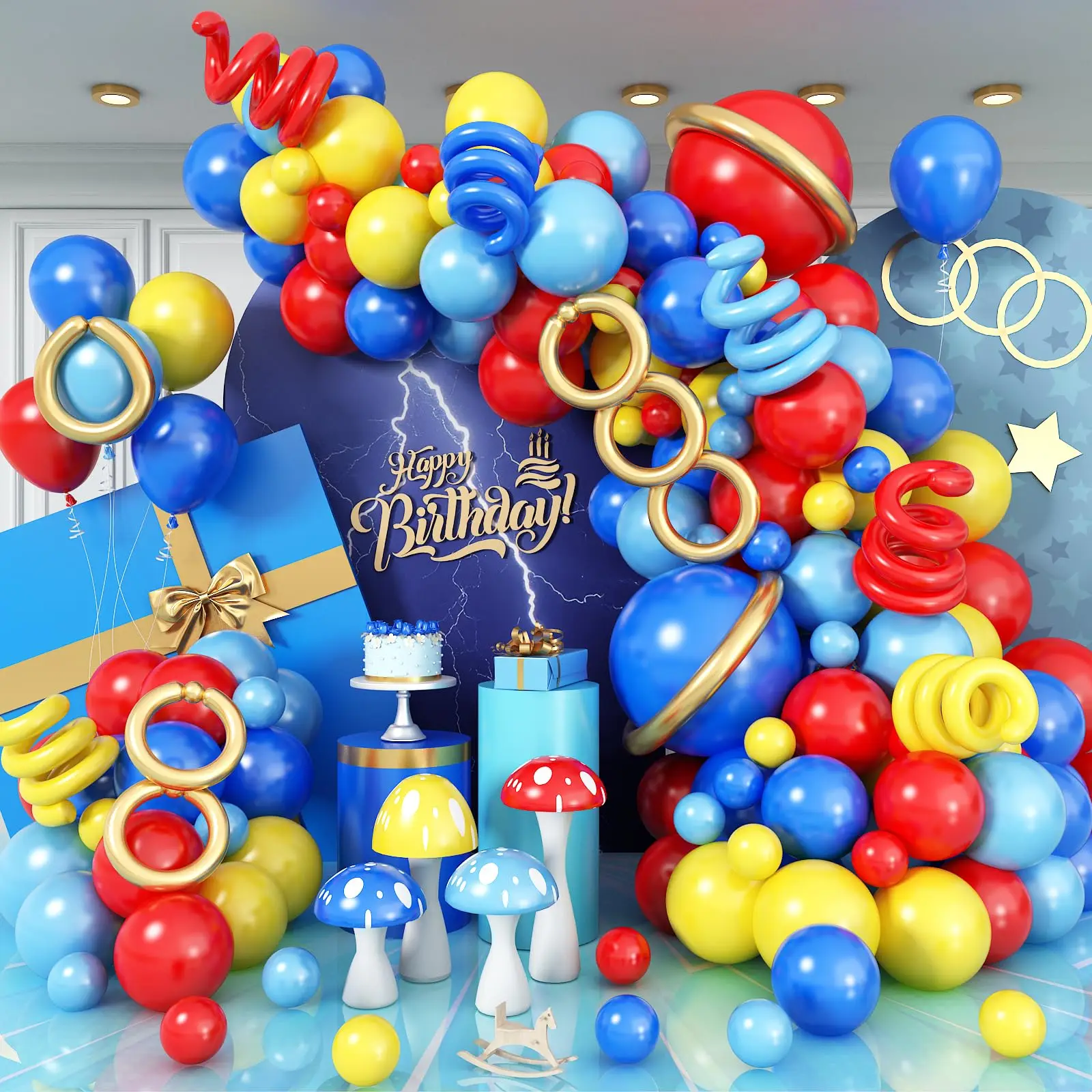136-teiliges Rotes Blaues Gelbes Langes Ballonbogen-Set Cartoon-Sound Karneval Zirkus Geburtstag Babyparty Geschenk Abschlussfeier Dekoration