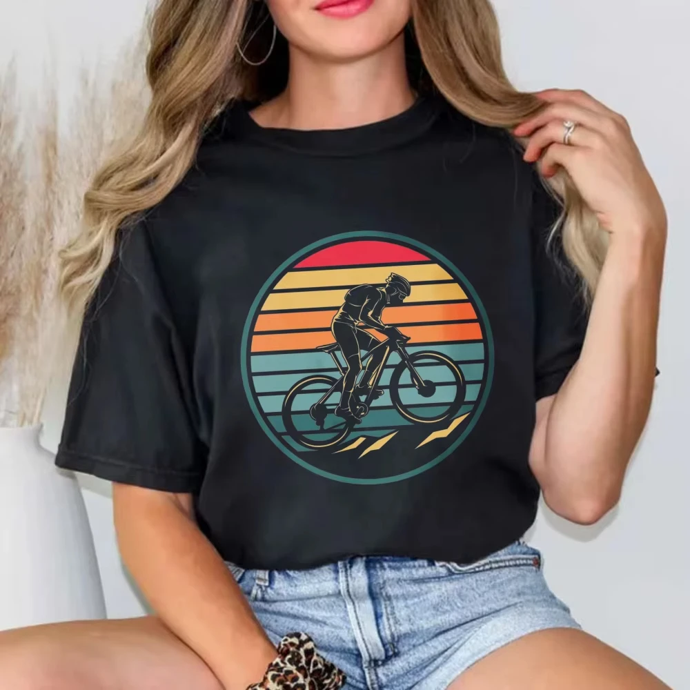 Retro Sunset Road Biker Circular Vintage Graphic Cotton Tshirt Cycling Enthusiast Print Short Sleeve Outdoor Fitness Unisex Tees