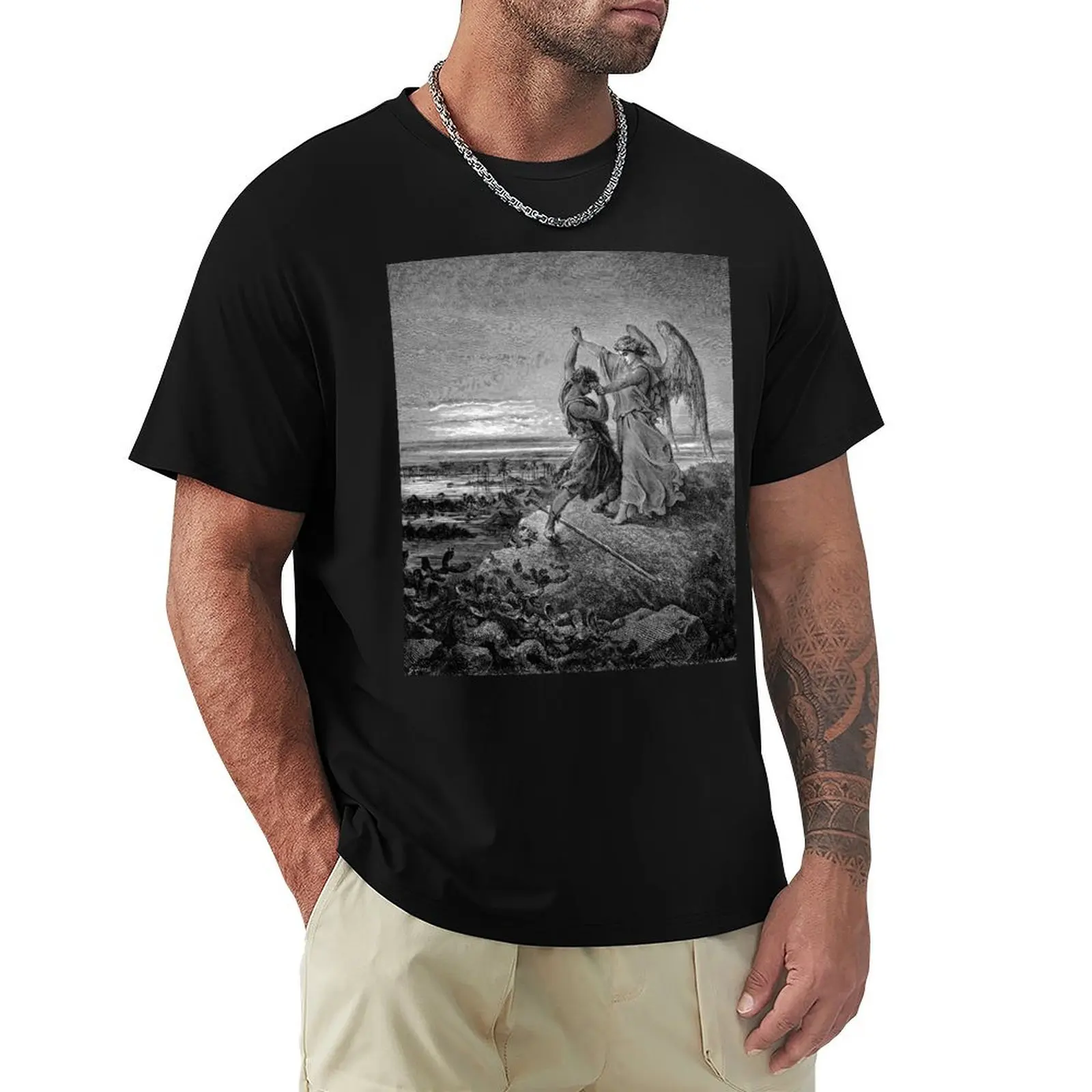 

Jacob wrestles with an Angel by Gustav Dore - Vintage Art T-Shirt Short sleeve tee summer tops shirts men graphic