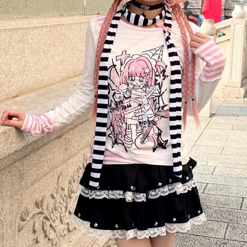 

Y2k Harajuku Anime Girls Graphic Long Sleeve T-shirt Female Fashion Fake Two-piece Set Emo Goth Pink White Tees Youth Blouses