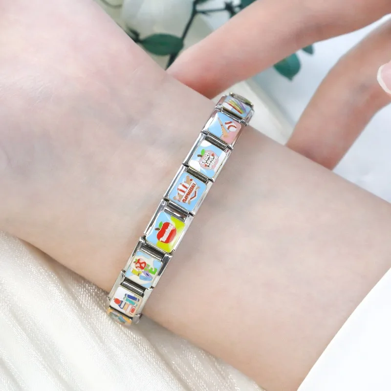 Hapiship 2024 New Women\'s Learning Teaching Baseball Italian Charm Link Fit 9mm Stainless Steel Bracelet Making Jewelry DJ1348-B