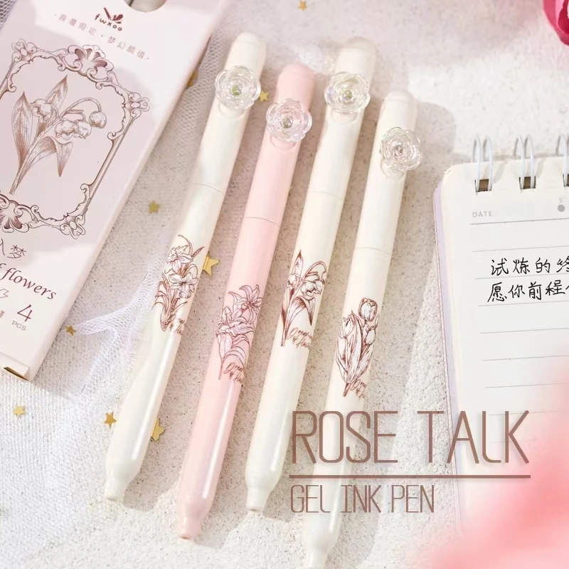 Romantic Rose Flower Gel Pen Creative Rotate Quick Dry 0.5MM Black Gel Ink Pens For School Student Writing Stationery Supplies