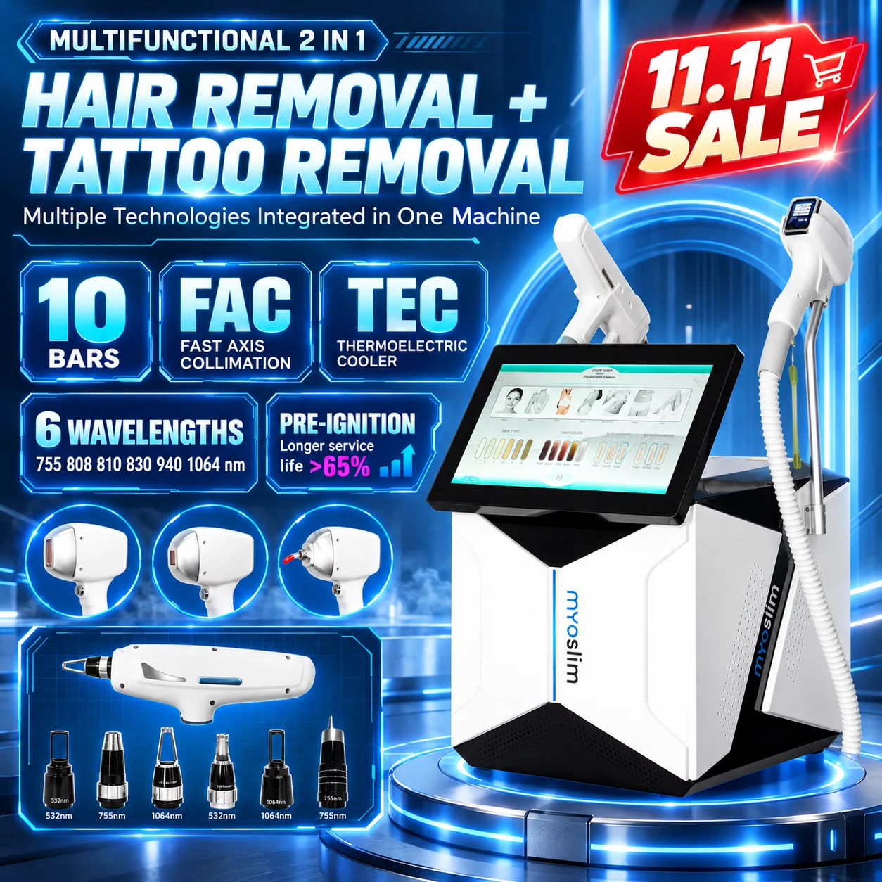 2IN1 808nm Diode Laser & Picosecond Q Switch Nd YAG Beauty Machine for Fast Axis Collimation Long-Lasting Hair Reduction & Tat