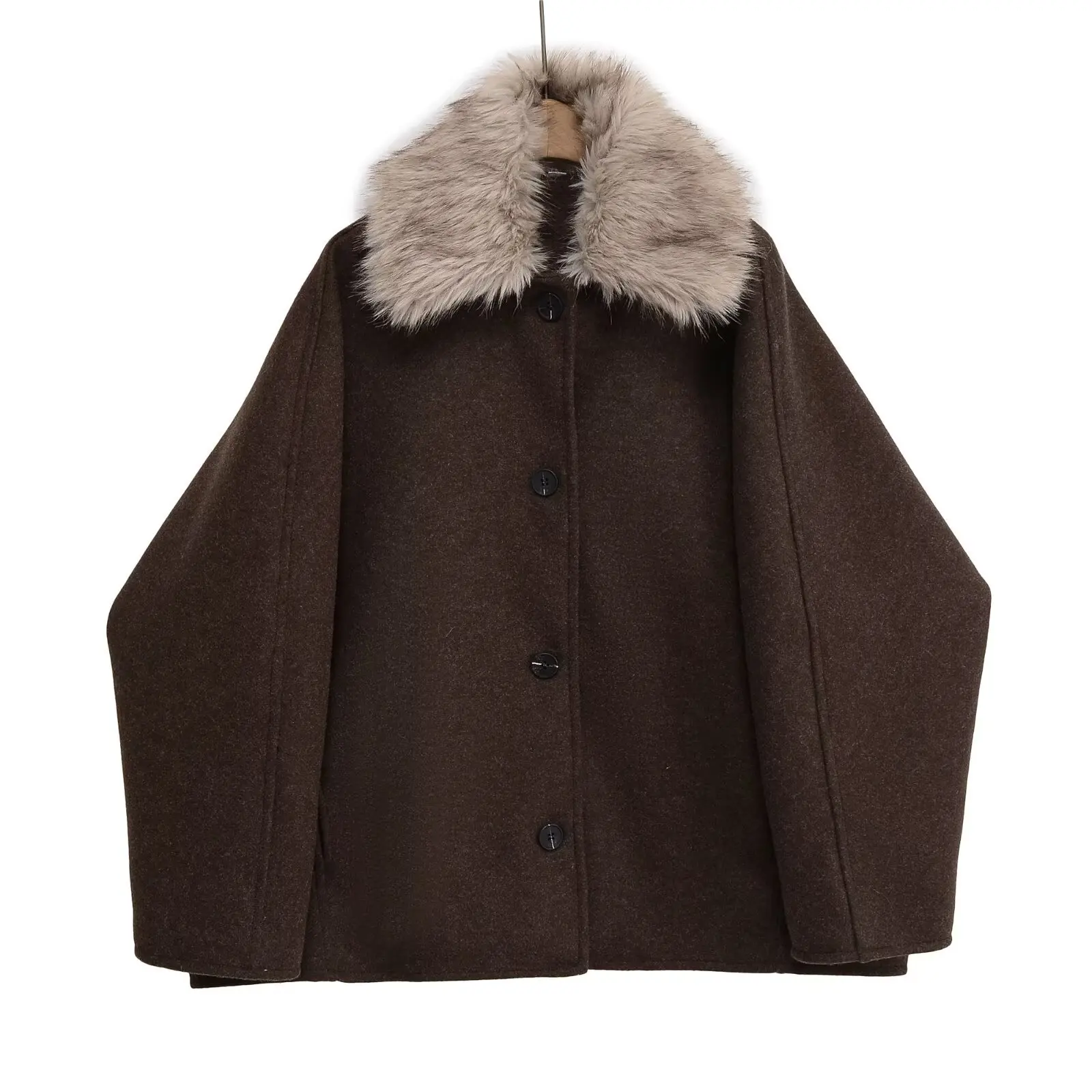 

Шикарная осенняя женская шерстяная куртка коричневого цвета со съемным воротником из искусственного меха и пуговицами, женское пальто в европейском стиле, универсальная верхняя одежда для женщин