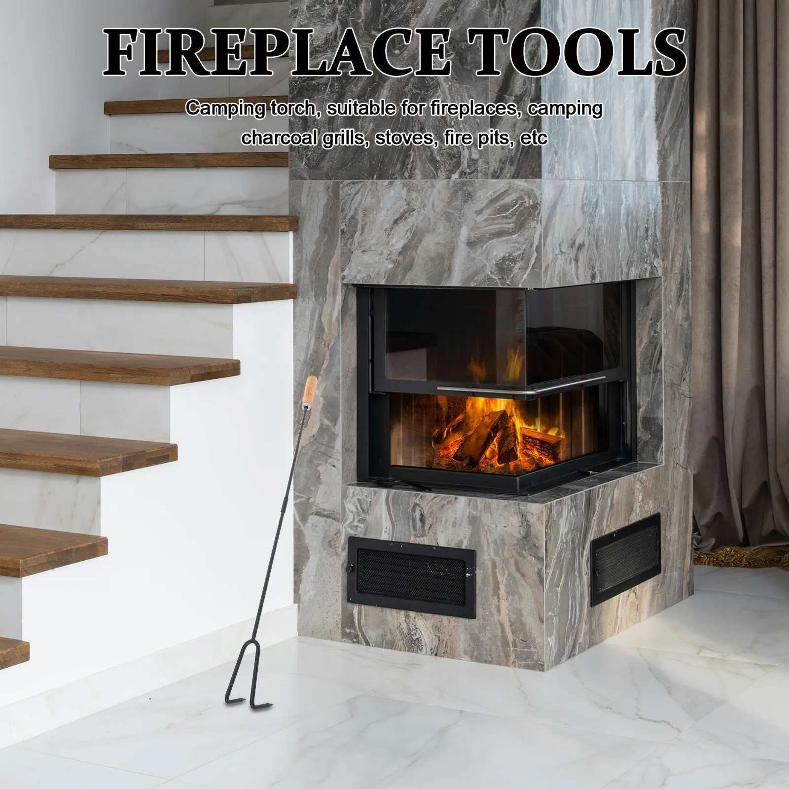Ash Fire Pit Fireplace Stove Handle Outdoor Halloween Christmas Camping Fire Tools Camping Tool Anti-scald Handle Poker