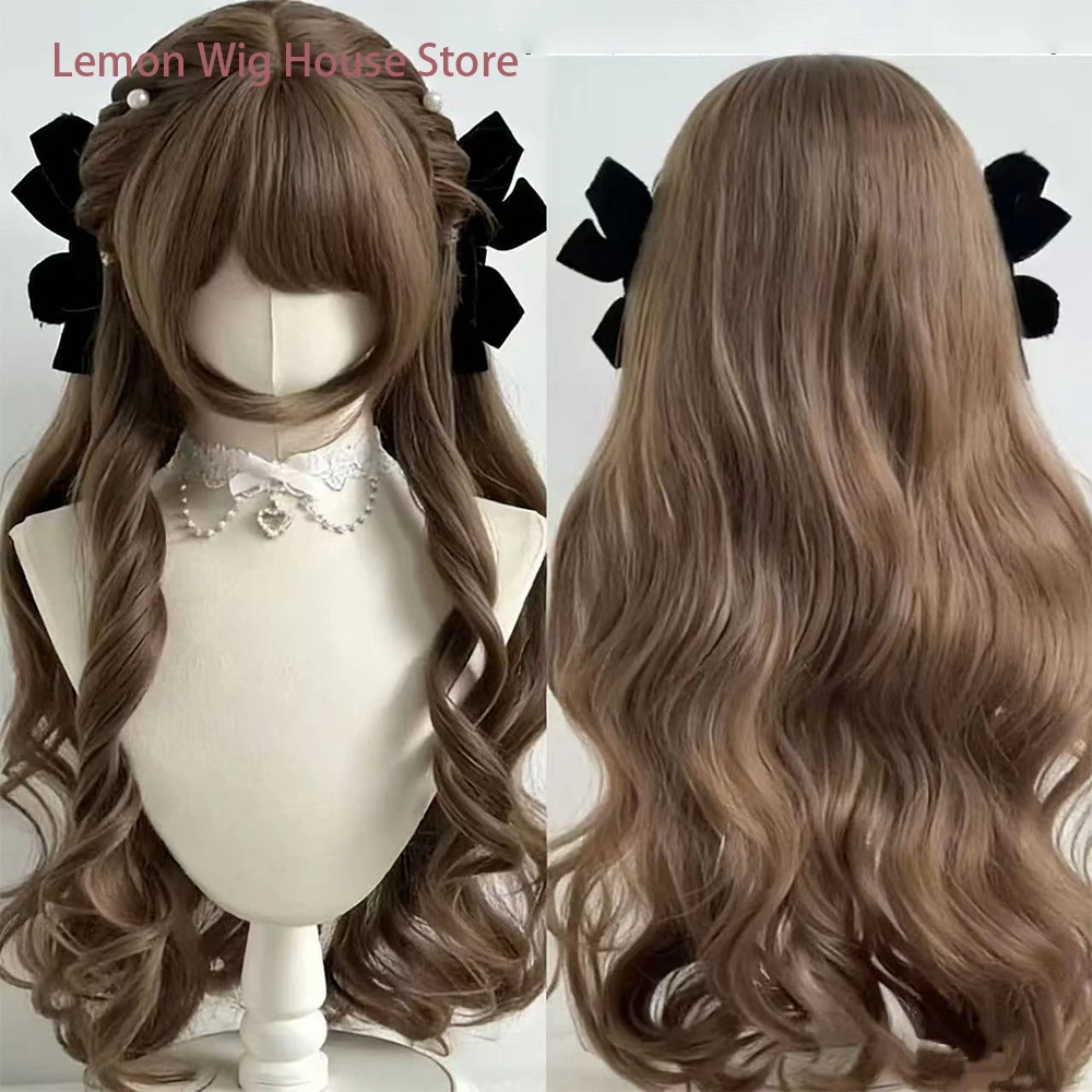 Picture 4: Long Curly Synthetic Wig Lolita Double Ponytail Wig with Bangs for Women Daily Use High Quality Fiber Wigs Girl Long Curly