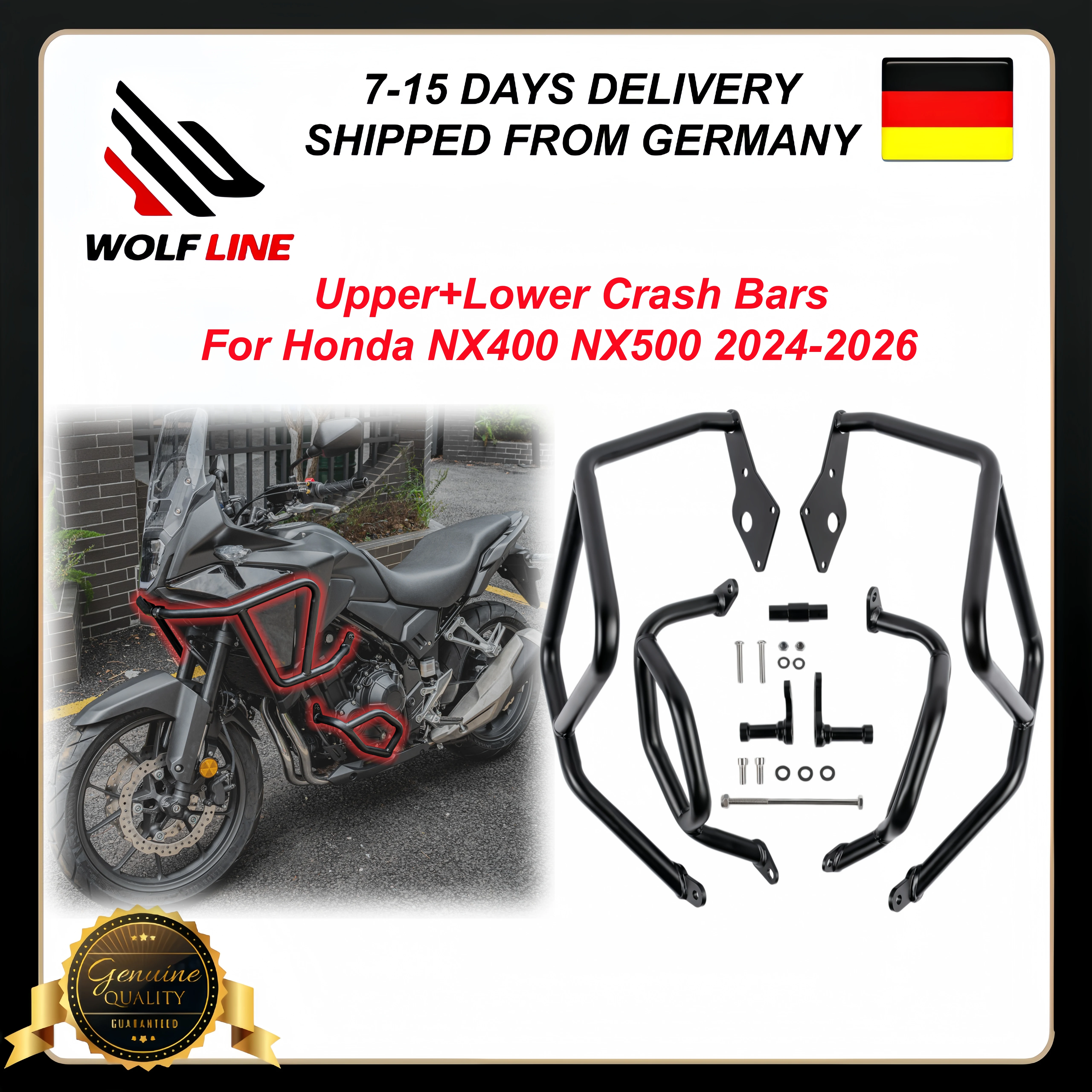 Image of WOLFLINE Sturzbügel für Honda NX400 NX 500 2024 2025 2026 Oberer+Unterer Motorschutz Stoßstange Fallschutz Zubehör