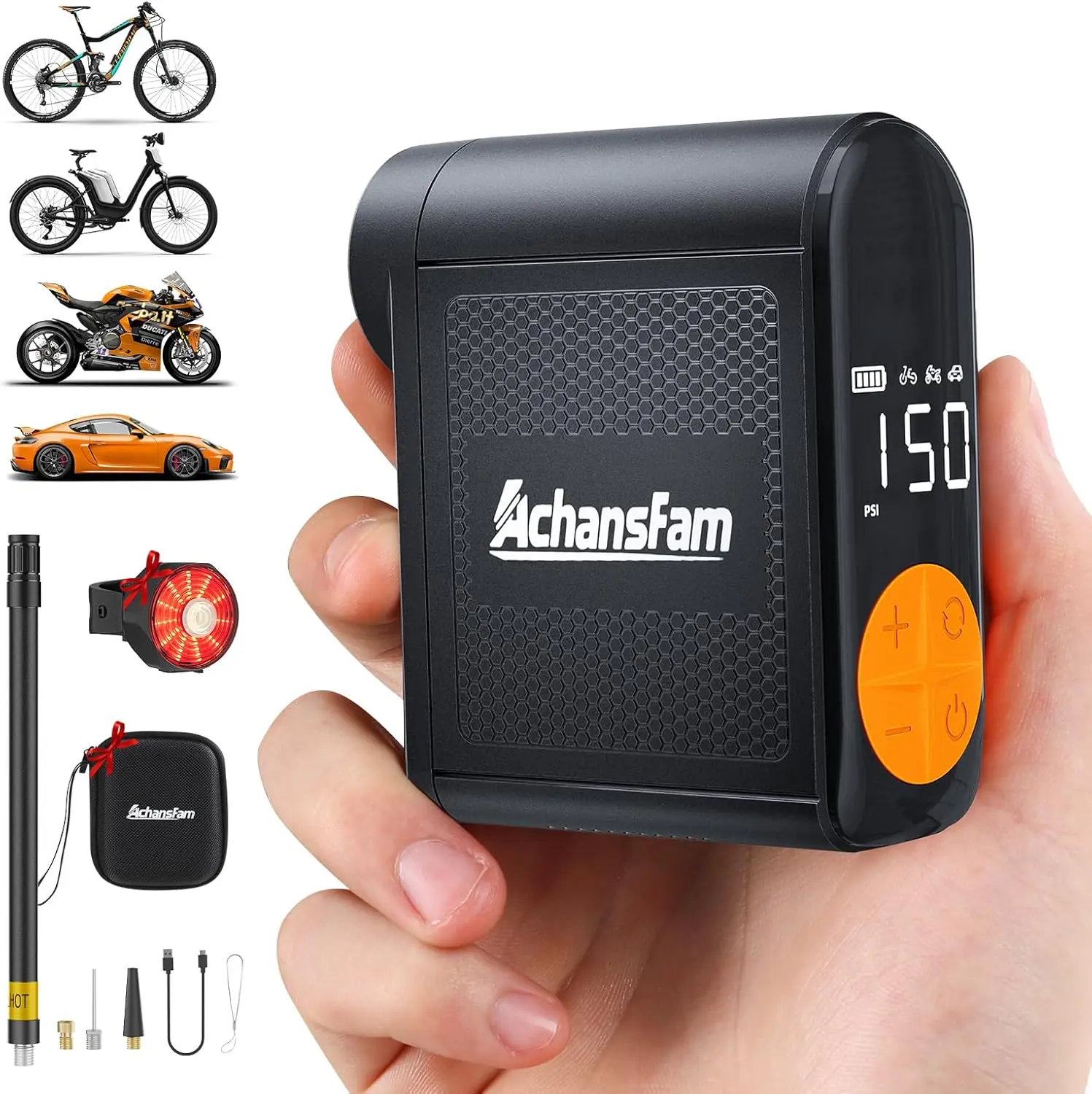 

Portable Electric Bike Pump, 150PSI High Pressure, Digital Gauge, Safety Taillight for Bikes and Cars