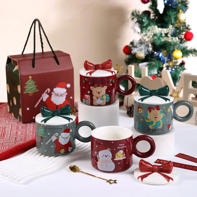 Creative Cartoon Christmas Pattern Coffee Cup with Moon Handle Ceramic Mug Breakfast Milk Cups for Kids Birthday Gift