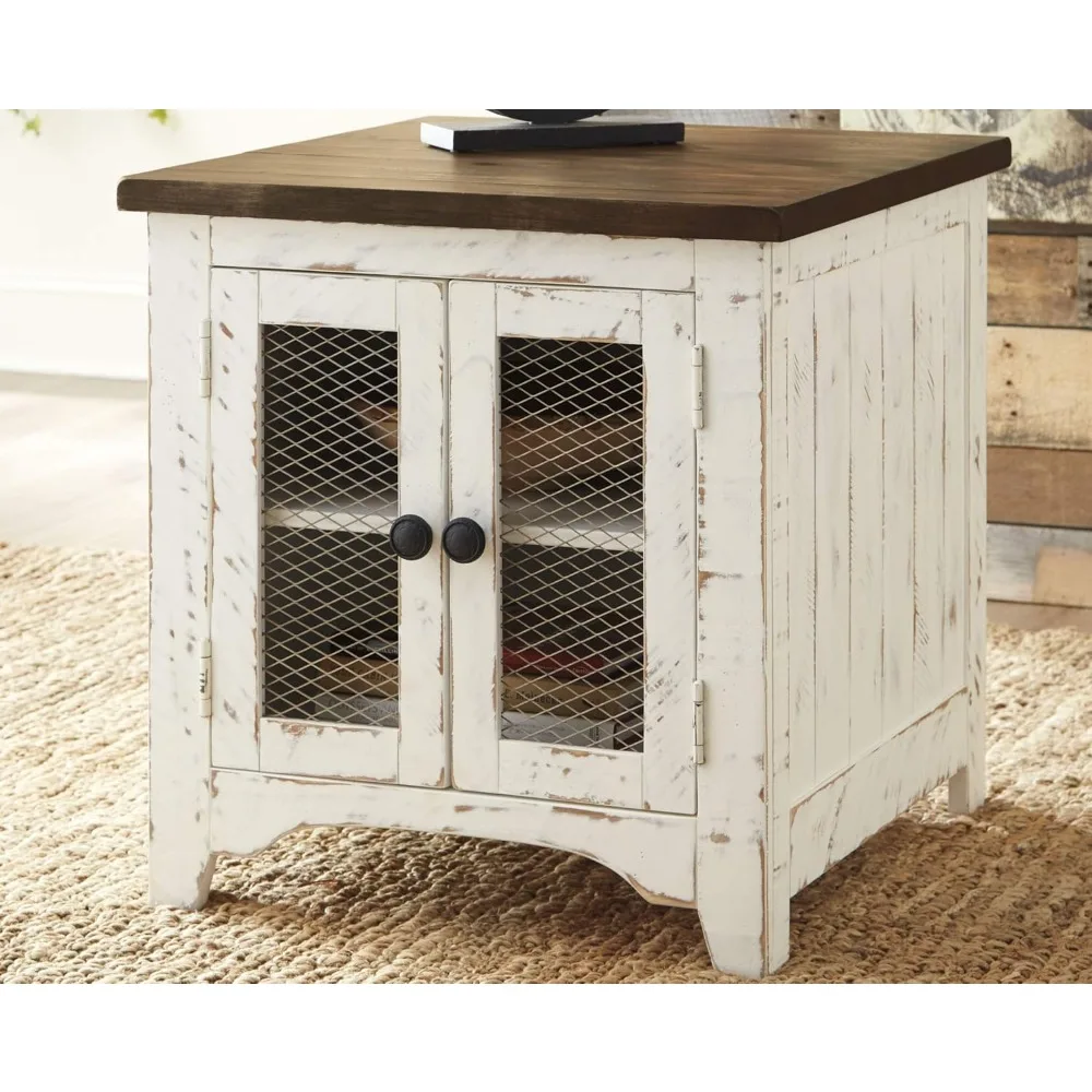 

End Tables Designed with a double door cabinet with metal grills and hardware and a center shelf Rectangular End Tables