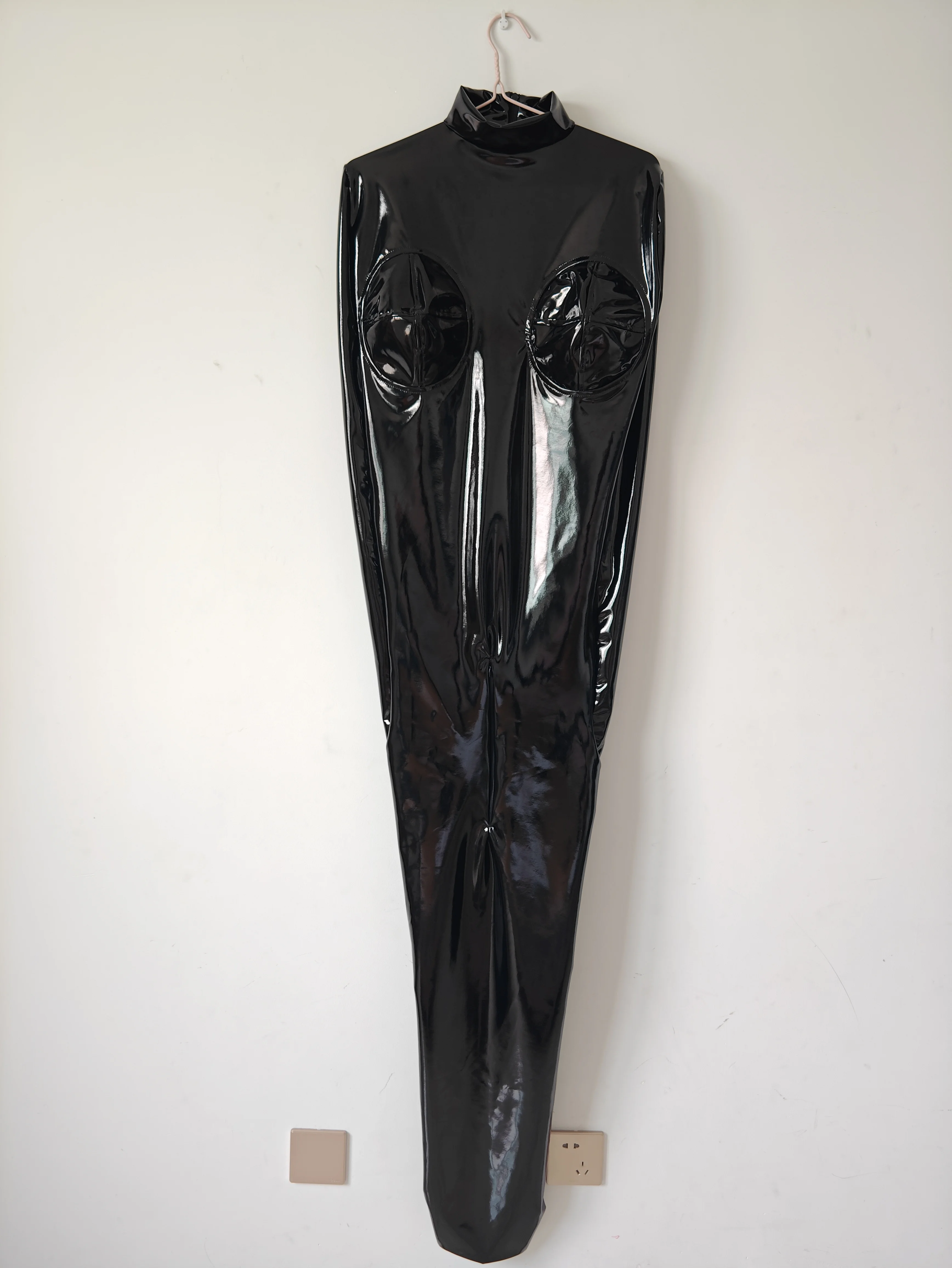 Pvc black mummy bodysuit  3D Breast Design Sleeping Bag Zentai Catsuits with inner sleeves cosplay Fancy Dress Back 3ways zipper