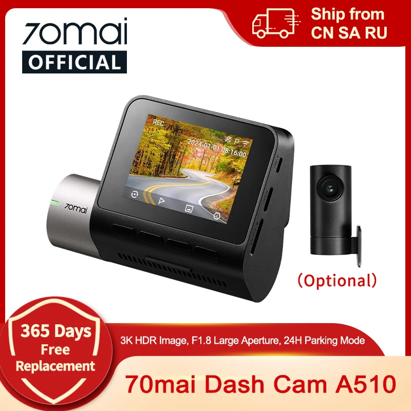 Global Version New 70mai Dash Cam A510 1944P 3K Image HDR GPS ADAS 140FOV 24H Parking 70mai 4G Car DVR A510 Support Rear Cam