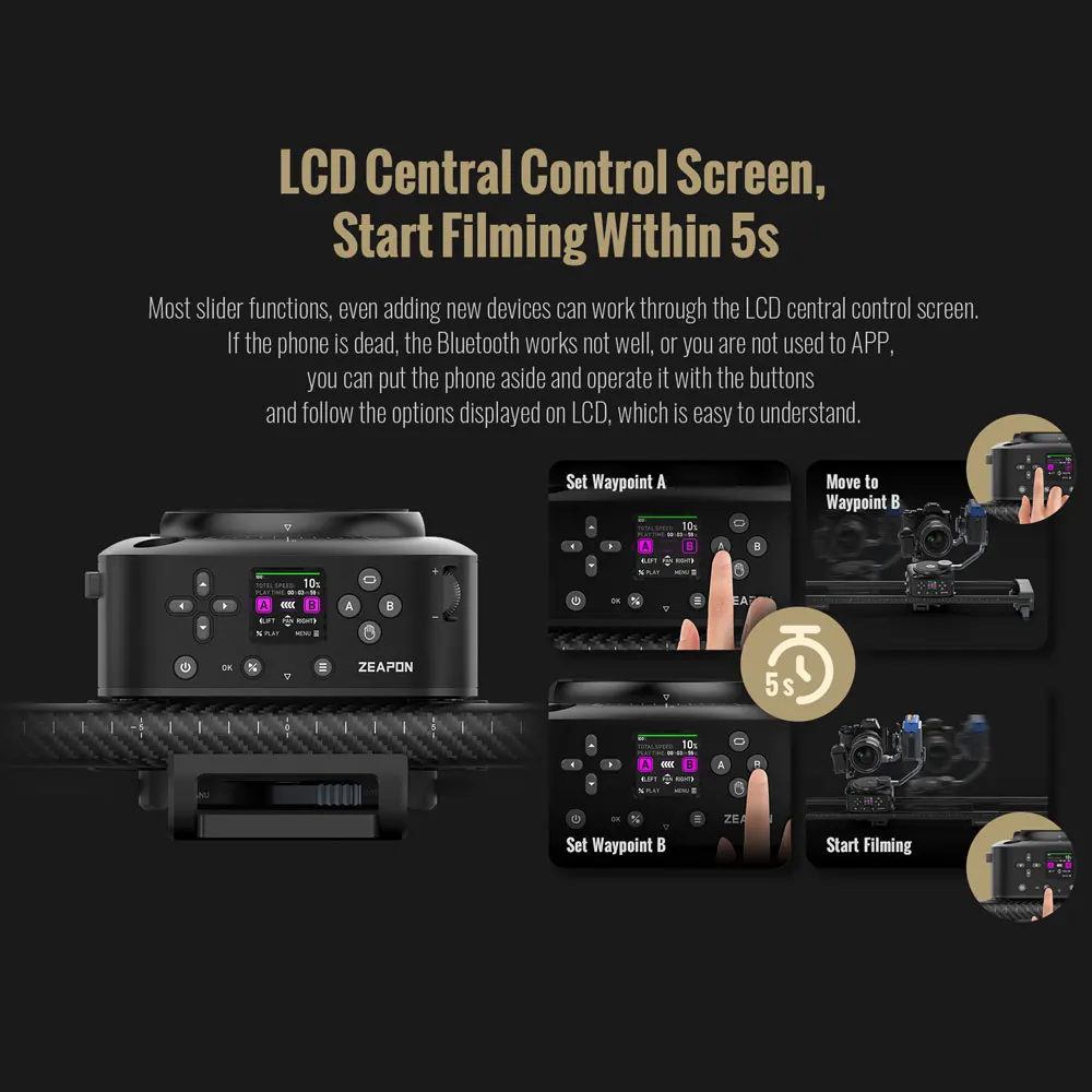 Zeapon AXIS Cámara motorizada multieje Slider AXIS 80Pro 100Pro 120Pro Pista eléctrica de fibra de carbono Pantalla LCD 360 °   Fotografía