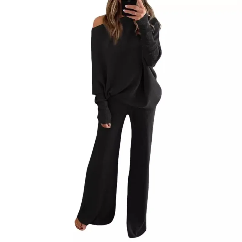 New Autumn And Winter Women\'s Suit Solid Color Round Neck Long-sleeved Sweater + Trousers Casual Fashion Two-piece Suit