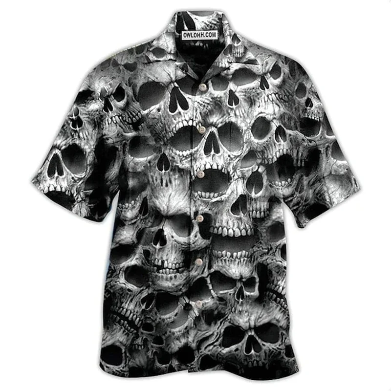 Camisa con solapa de calavera para hombre, camisa hawaiana informal con estampado 3D de terror, Retro, con botones, de manga corta, nueva