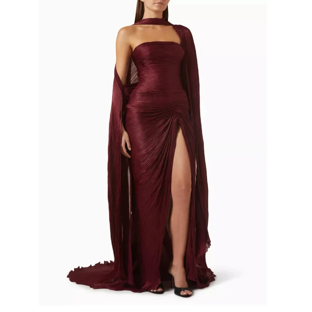 

Simple Tulle Pleat Evening Dress Strapless And Sleeveless With Shawl Mermaid High Side Slit Elegant Cape Formal Party Prom