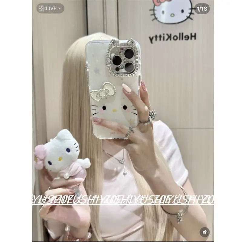 

Cute Cartoon Shiny Crystal Hello Kitty Phone Case for IPhone 17 16 13 14 15Pro Max Plus Transparent Protective Cover Girls Gift