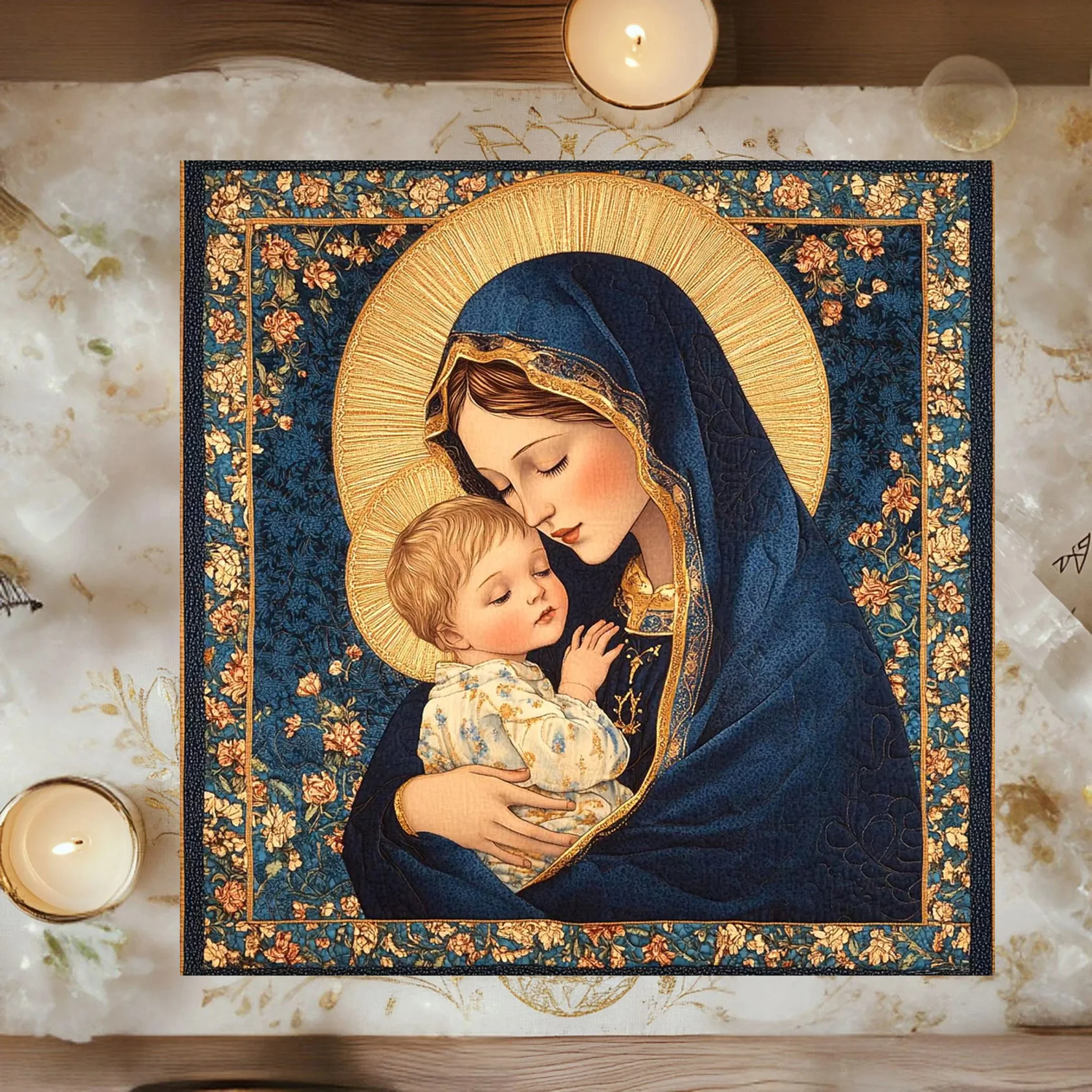 V-Virgin Mary and Baby Jesus Altar Cloth, Religious Floral Tarot Table Cloth for Wicca Pagan Ritual