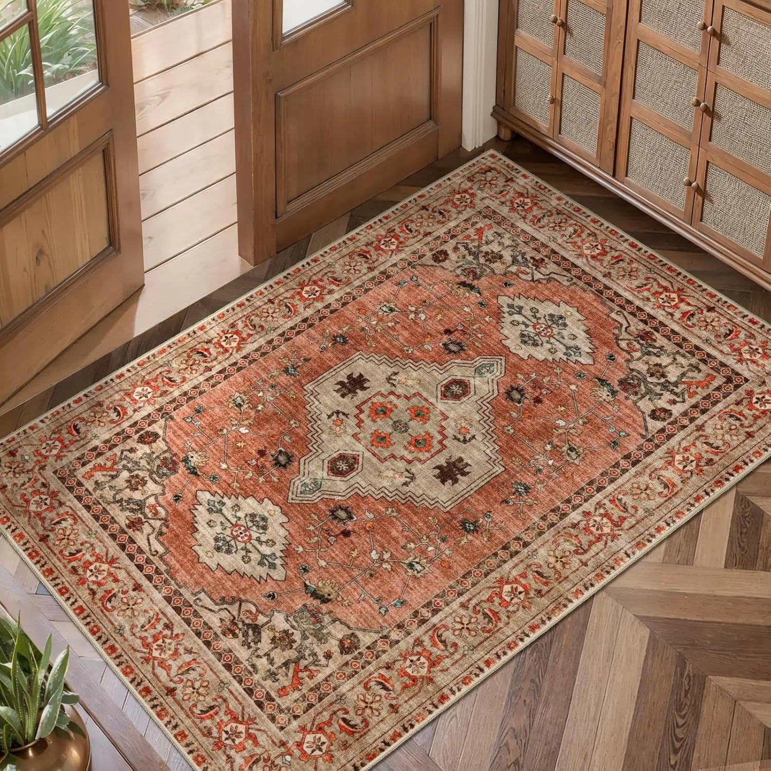 Boho Small Area Rug, Vintage Throw Rug Oriental Non Slip Indoor Front Door, Distressed Terracotta Door Mat Carpet, Soft Low Pile