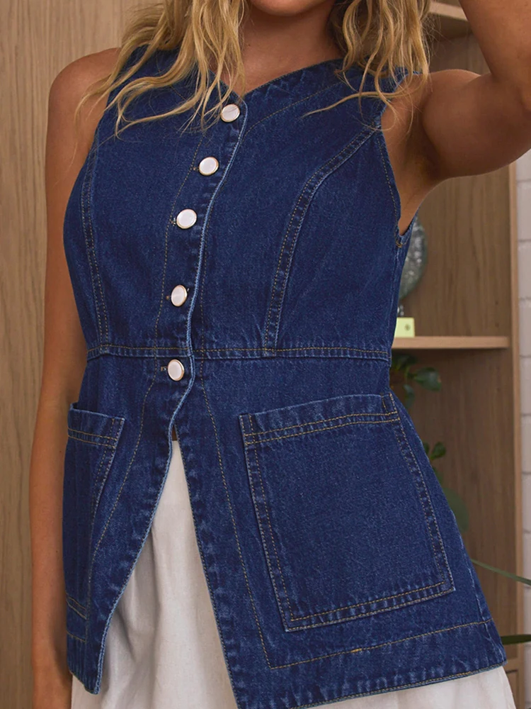 Gilet semplice chic patchwork tascabile, camicette estive da donna senza maniche con bottoni alla moda, camicie da donna dolci con cardigan con scollo a V 2025