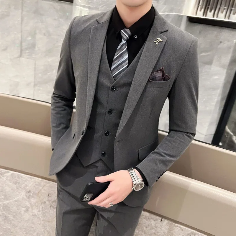 

7205 Solid color slim fit casual business trend groom suit