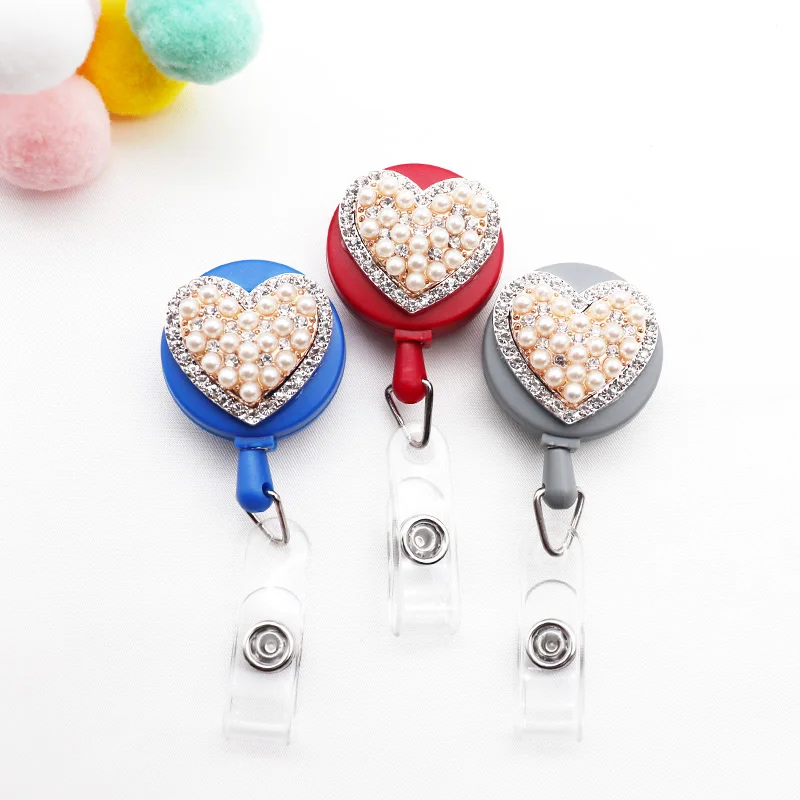 New Lovely Love Heart Badge Reel Bus Card Student Nurse Crystal Rhinestone ID Name Card Badge Holder Retractable Reel Keychain