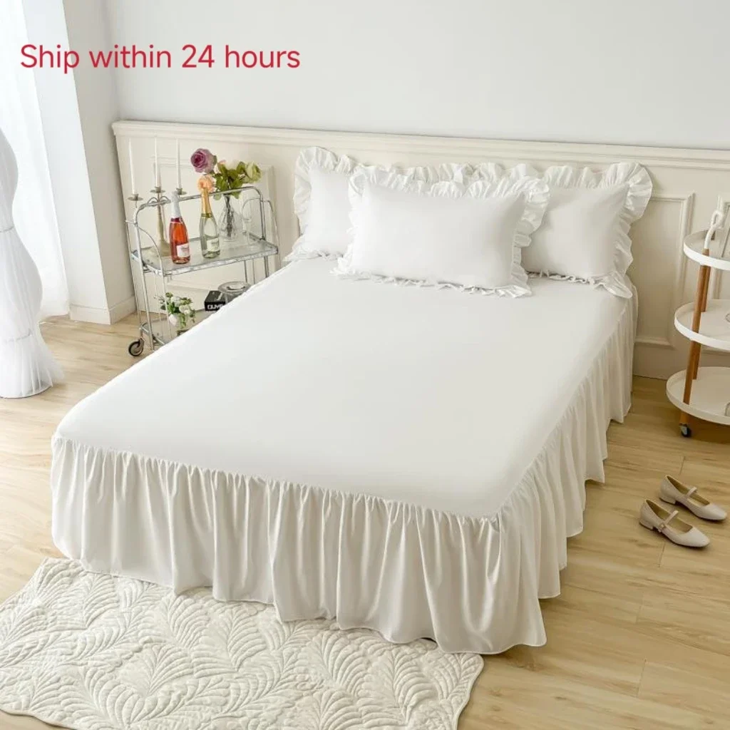 

White Bed Skirt Lace Ruffled Bed Skirt 1pcs Sheet Cover Skirt Non-slip Mattress Cover Bedsheet Solid Color Bedspread