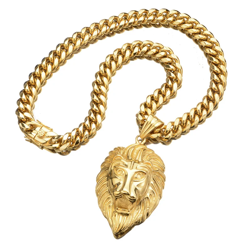 Hip Hop Bling Gold Color Stainless Steel Big Lion Pendants Necklace for Men Rapper Jewelry come with 14mm wide cuban chain