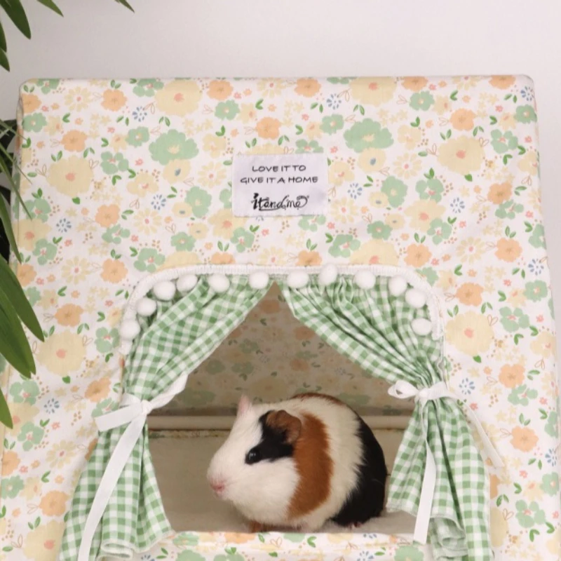 Summer Bottomless Rabbit Nest Villa Floral Print Tent With Curtain Cozy Hideout For Rabbit Guinea Pig Small Pets