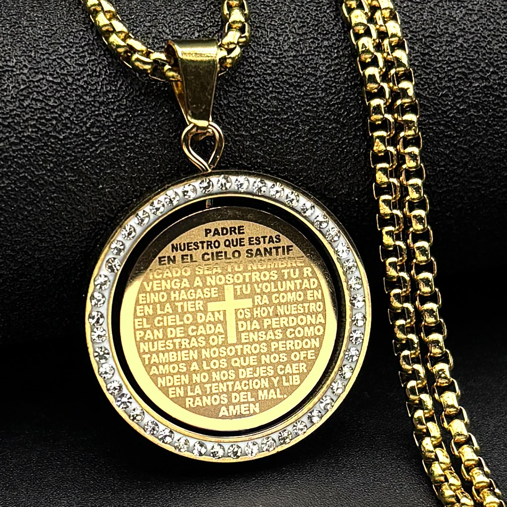 Collier avec la prière du Seigneur, Dieu, Jésus, croix, verset biblique en espagnol, pour femmes et hommes, en acier inoxydable, cristaux, chaîne rotative, bijoux