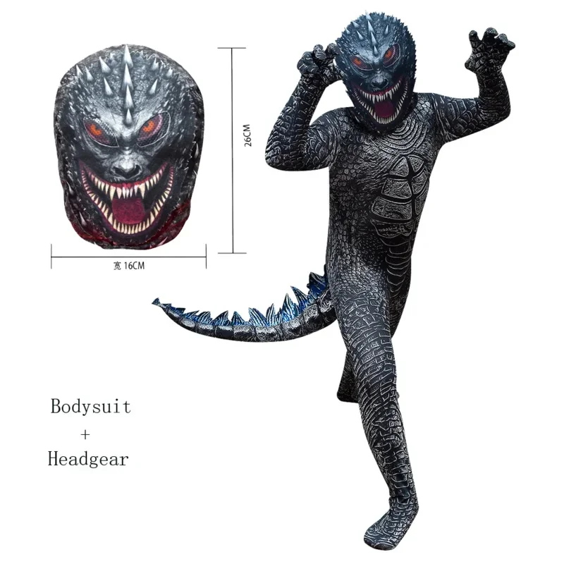 HN8 เด็กฮาโลวีนเครื่องแต่งกาย Godzillaa COSPLAY Jumpsuit หมวกไดโนเสาร์ประสิทธิภาพแฟนตาซีบุคลิกภาพเด็กของขวัญวันเกิด 8...Gf