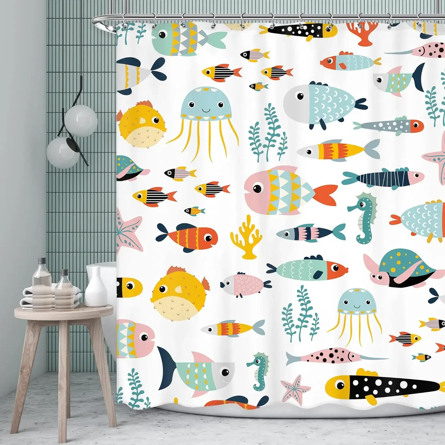 Ocean Cartoon Animal Shower Curtain Pirate Hat Dolphin Sailing Starfish Nautical Polyester Kids Shower Curtains Bathroom Decor