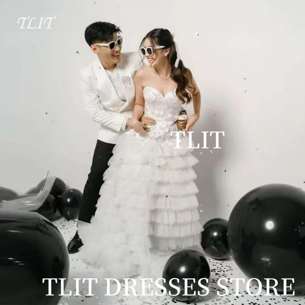 

TLIT Elegant White Tiered Tulle Wedding Dress Strapless Prom Gowns Korea Bridal Dress Photos Shoot Customized Corset Back Gown