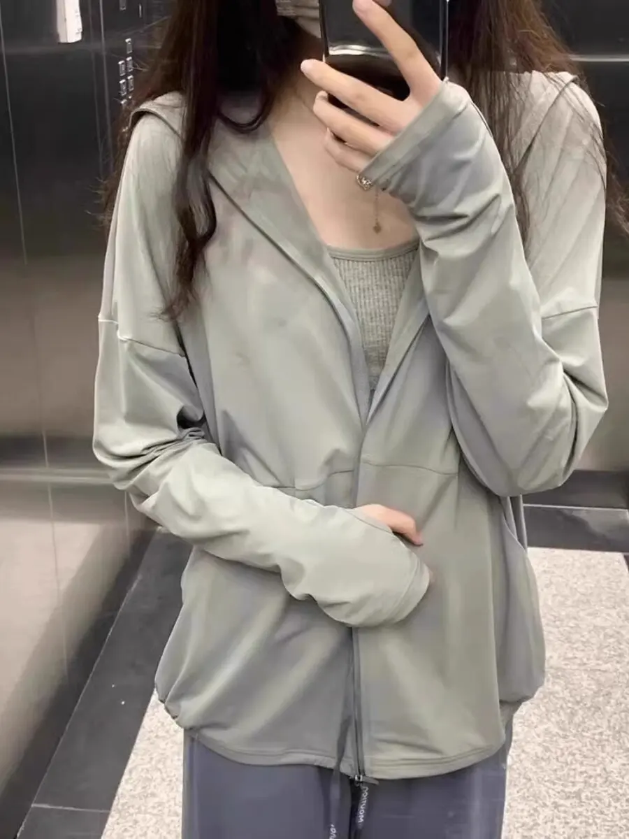 Women's Summer Thin Ice Silk Loose Sun Protection Outerwear Shawl Cape Transparent Design Long Sleeve Hooded Fashionable