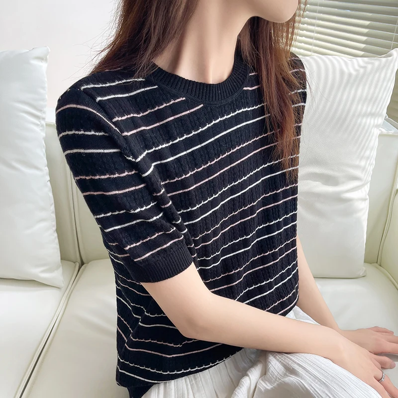 Women\'s New Summer T-shirt 100% Cotton Sweater Short Sleeve Casual Stripe Knitted O-Neck Pullover Loose Soft Baida Top T-shirt