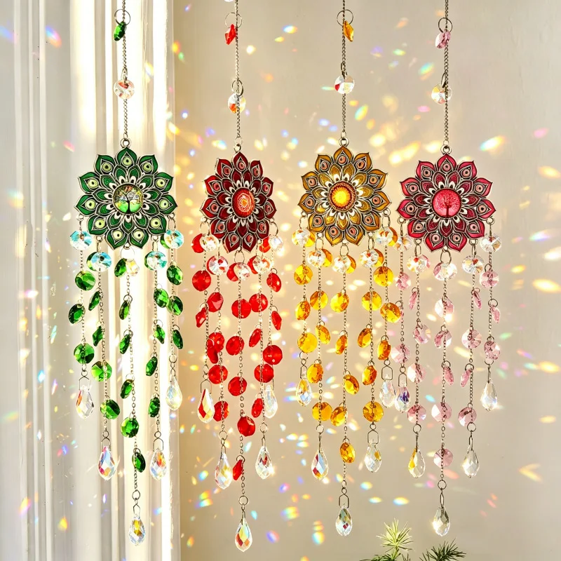 Mandala Flower Gemstone Sun Catcher With Colorful Glass Prisms For Window Garden Home Decor Bohemian Style Hanging Ornament