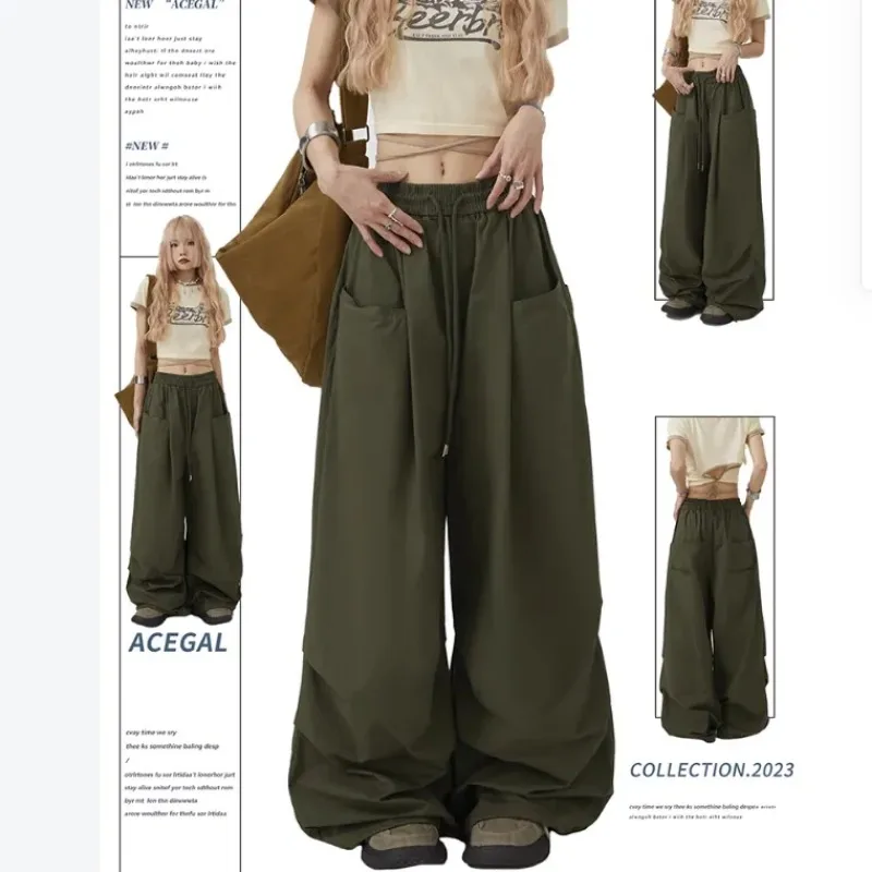 

Женские армейские зеленые брюки-парашюты - широкие брюки-карго с высокой талией и шнурком для уличного стиля