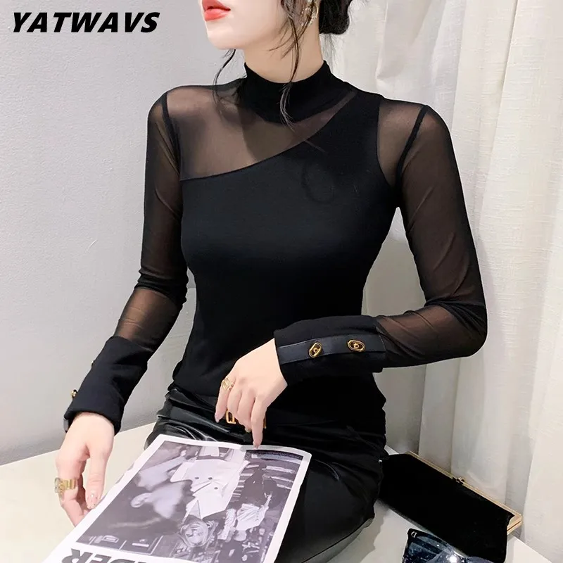 

Women's Autumn New Half High Collar Mesh T-shirt Elegant See Through Long Sleeve Splice Slim Bottoming Shirt Tee