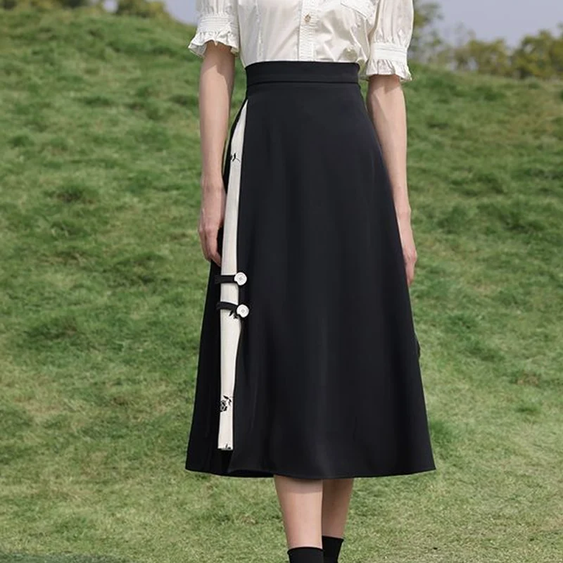 

Summer New Printing Patchwork Contrast Color A-line Skirt Women Elegant High Street Casual Button High Waist Female Clothing