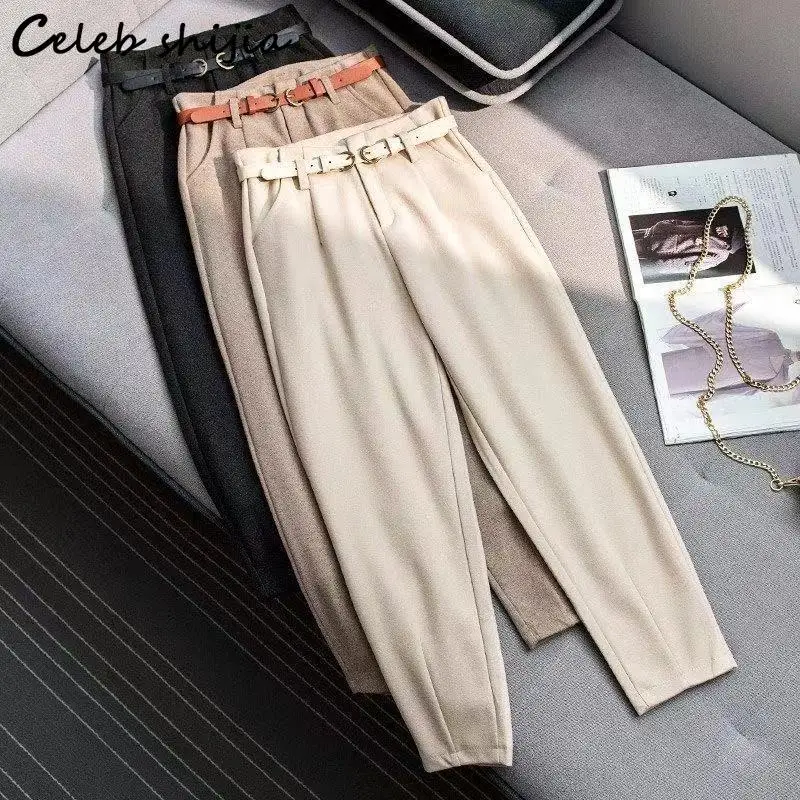 

High Waist Harem Pants Woman Wool Trousers Fall 2023 Apricot Vintage Bottoms OL Korean Fashion Cashmere Pants Mom Winter