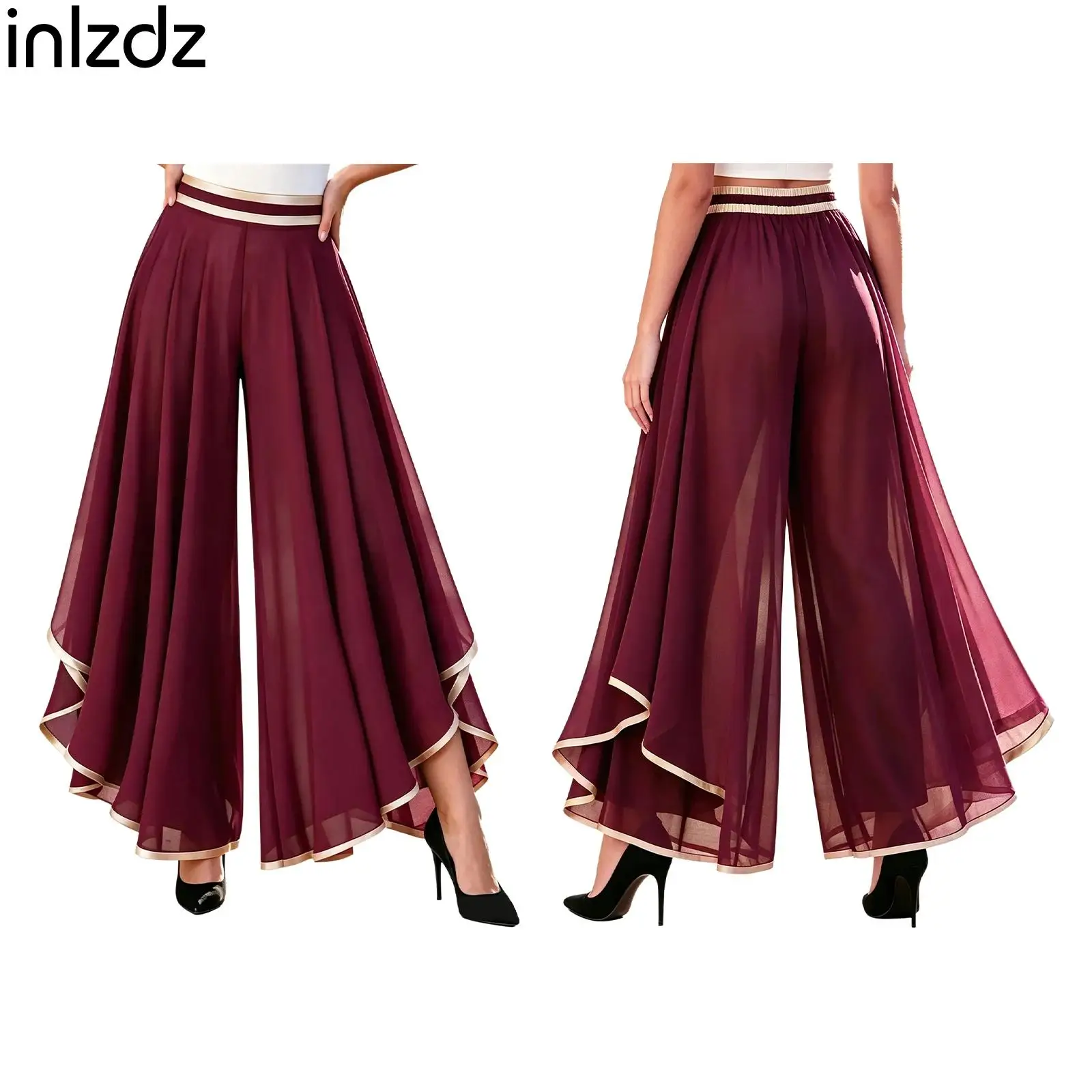 Womens Daily Casual Palazzo Pants Chiffon Color Block Irregular Wide Leg Elastic High Waist Unlined Loose Culottes Trousers