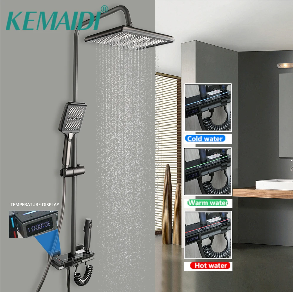 

KEMAIDI Grey Shower System 4 Ways Shower Faucets Set with LED Temperature Display Mixer Handheld showerhead and Bidet Sprayer