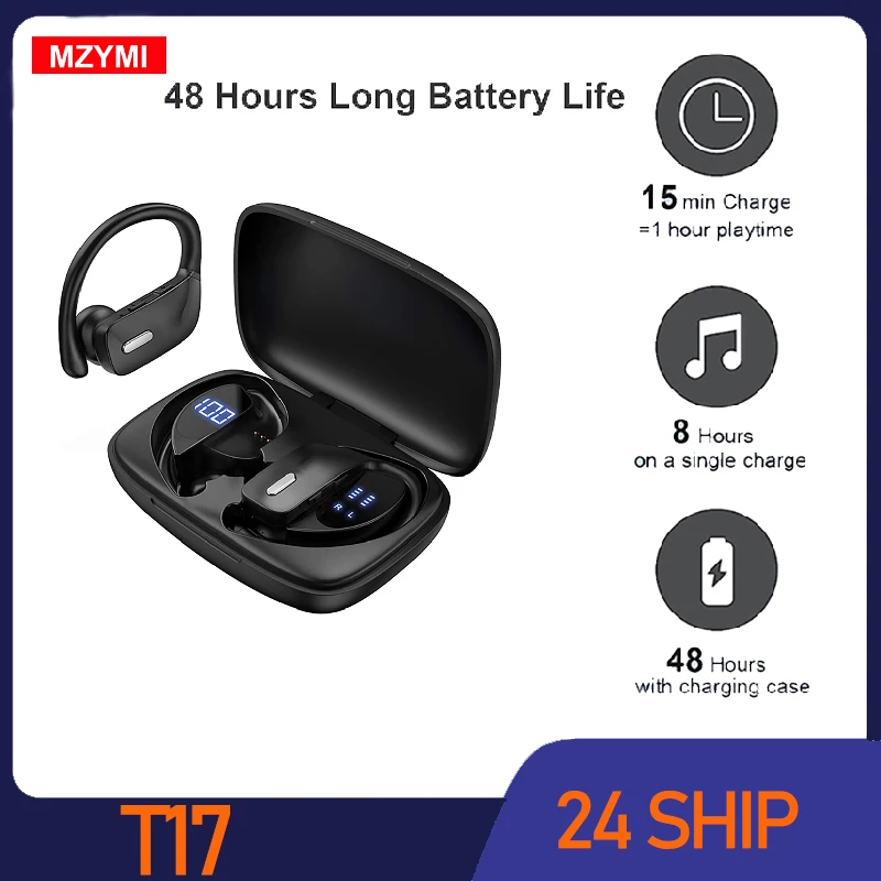

MZYMI T17 Wireless Earbuds Bluetooth Headphone Waterproof Headset Sport Earphones with LED Display In Ear charging Box Earhooks
